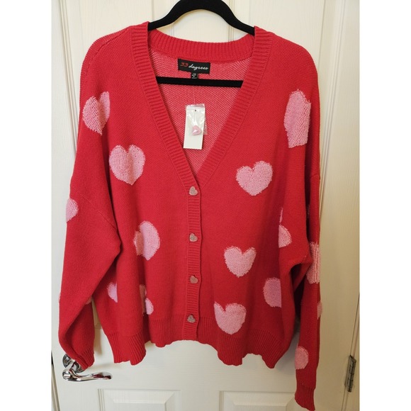 33 Degrees Sweaters - NWT 33 Degrees Red Knit Cardigan Sweater W/Pink Hearts and Sparkly Buttons, 3X